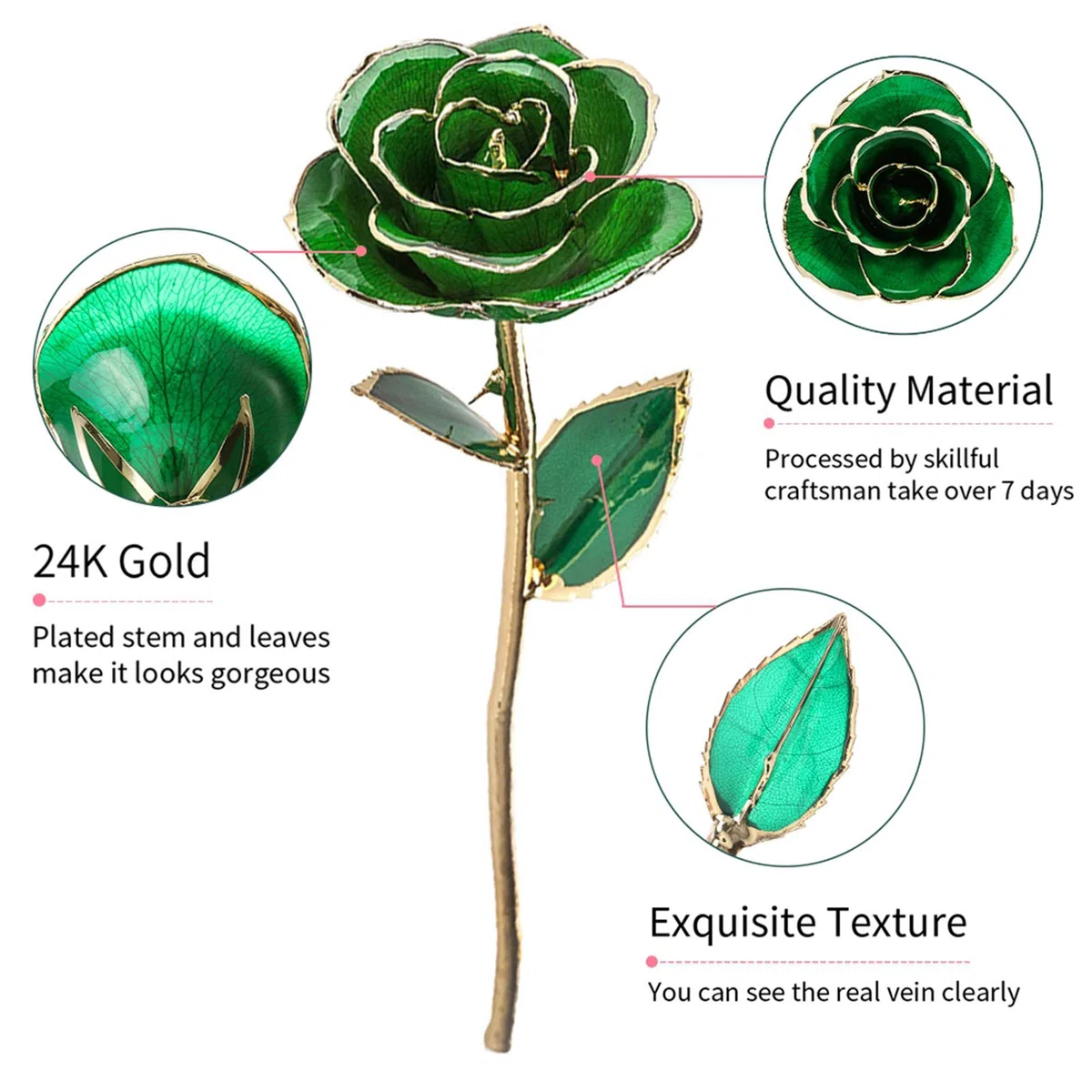Forever Green Rose Pozłacany 24-karatowym prawdziwym sztucznym kwiatem z liściem i podstawą Dekoracje rękodzielnicze na Walentynki Dzień matki Kolekcja ów ślubnych Ozdoba