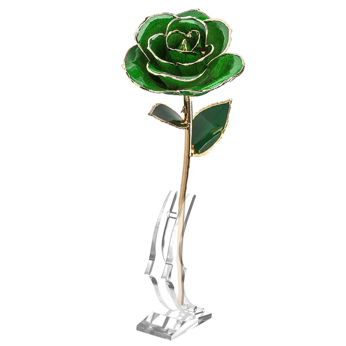 Forever Green Rose Pozłacany 24-karatowym prawdziwym sztucznym kwiatem z liściem i podstawą Dekoracje rękodzielnicze na Walentynki Dzień matki Kolekcja ów ślubnych Ozdoba