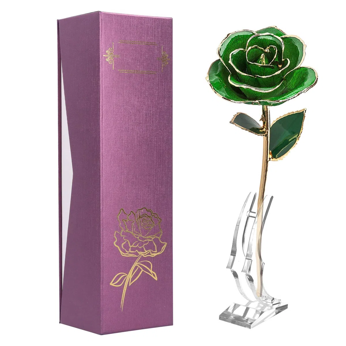 Forever Green Rose Pozłacany 24-karatowym prawdziwym sztucznym kwiatem z liściem i podstawą Dekoracje rękodzielnicze na Walentynki Dzień matki Kolekcja ów ślubnych Ozdoba